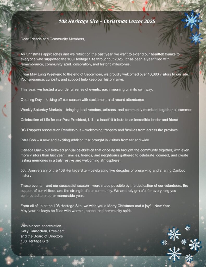108 Heritage Site Christmas Letter from the President and the Board